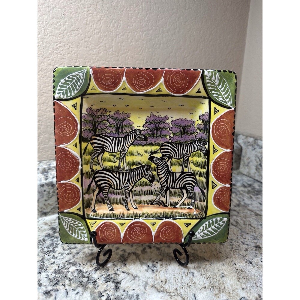 African Pottery Square Dish Hand Painted Signed Zebras Safari 7"